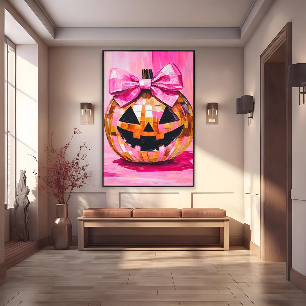 Leinwandbilder Premium, LuxCanva® N1189, Halloween Glam, Kürbis, Rosa, Schleife, Glitzern, Gruselig, Traditionell, Disco, Pub, Kneipe, Bar, Lounge, Restaurant, Küche