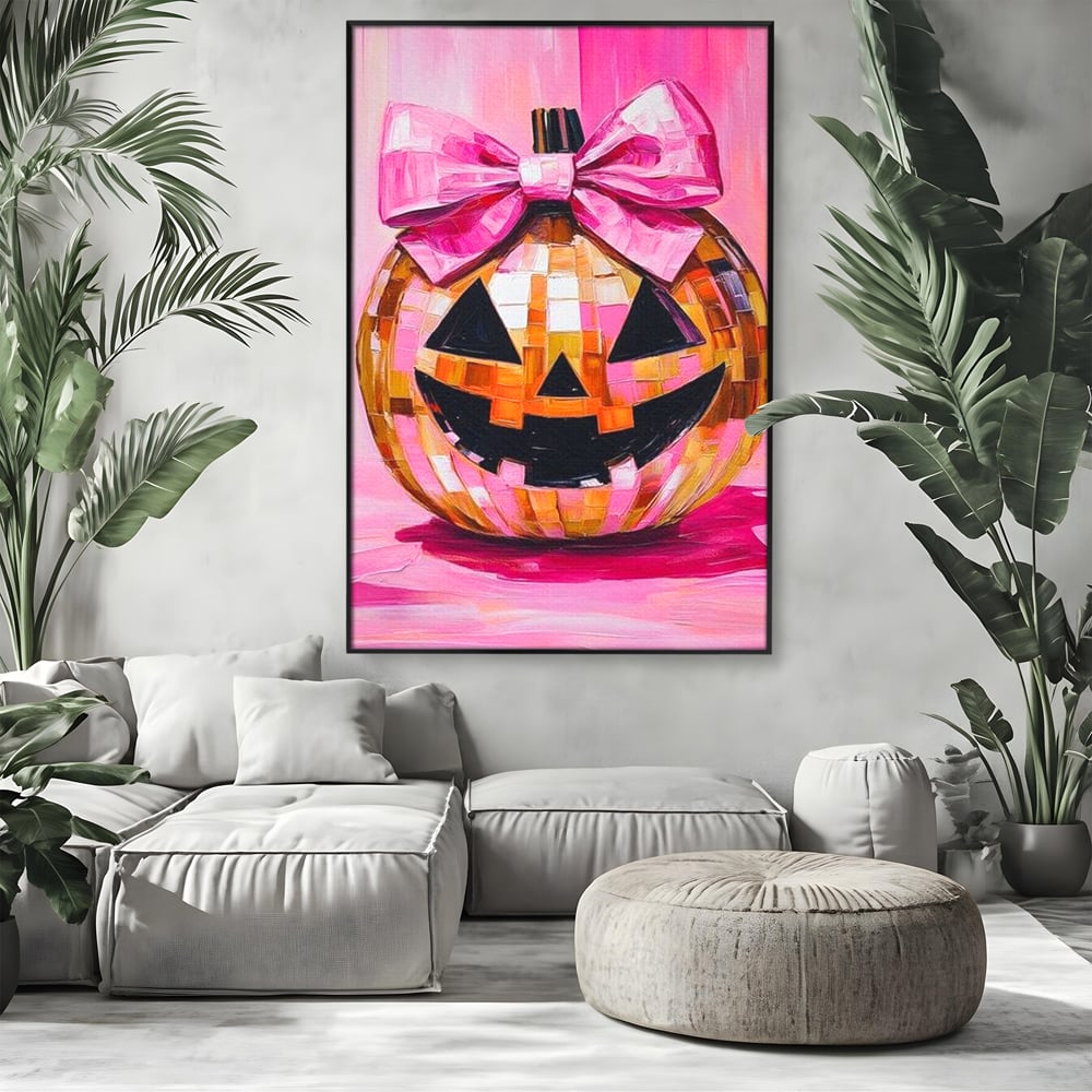 Leinwandbilder Premium, LuxCanva® N1189, Halloween Glam, Kürbis, Rosa, Schleife, Glitzern, Gruselig, Traditionell, Disco, Pub, Kneipe, Bar, Lounge, Restaurant, Küche