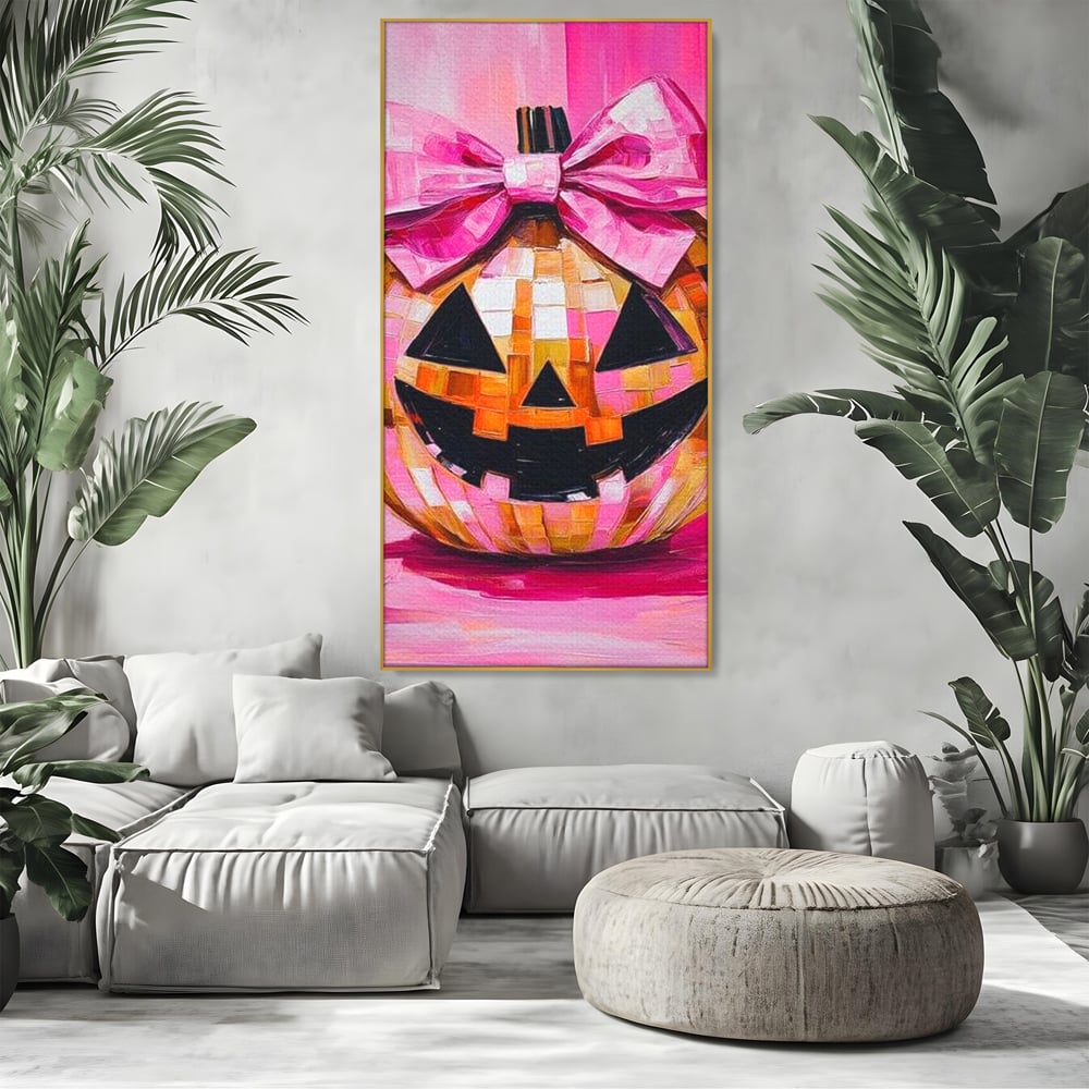 Leinwandbilder Premium, LuxCanva® N1189, Halloween Glam, Kürbis, Rosa, Schleife, Glitzern, Gruselig, Traditionell, Disco, Pub, Kneipe, Bar, Lounge, Restaurant, Küche