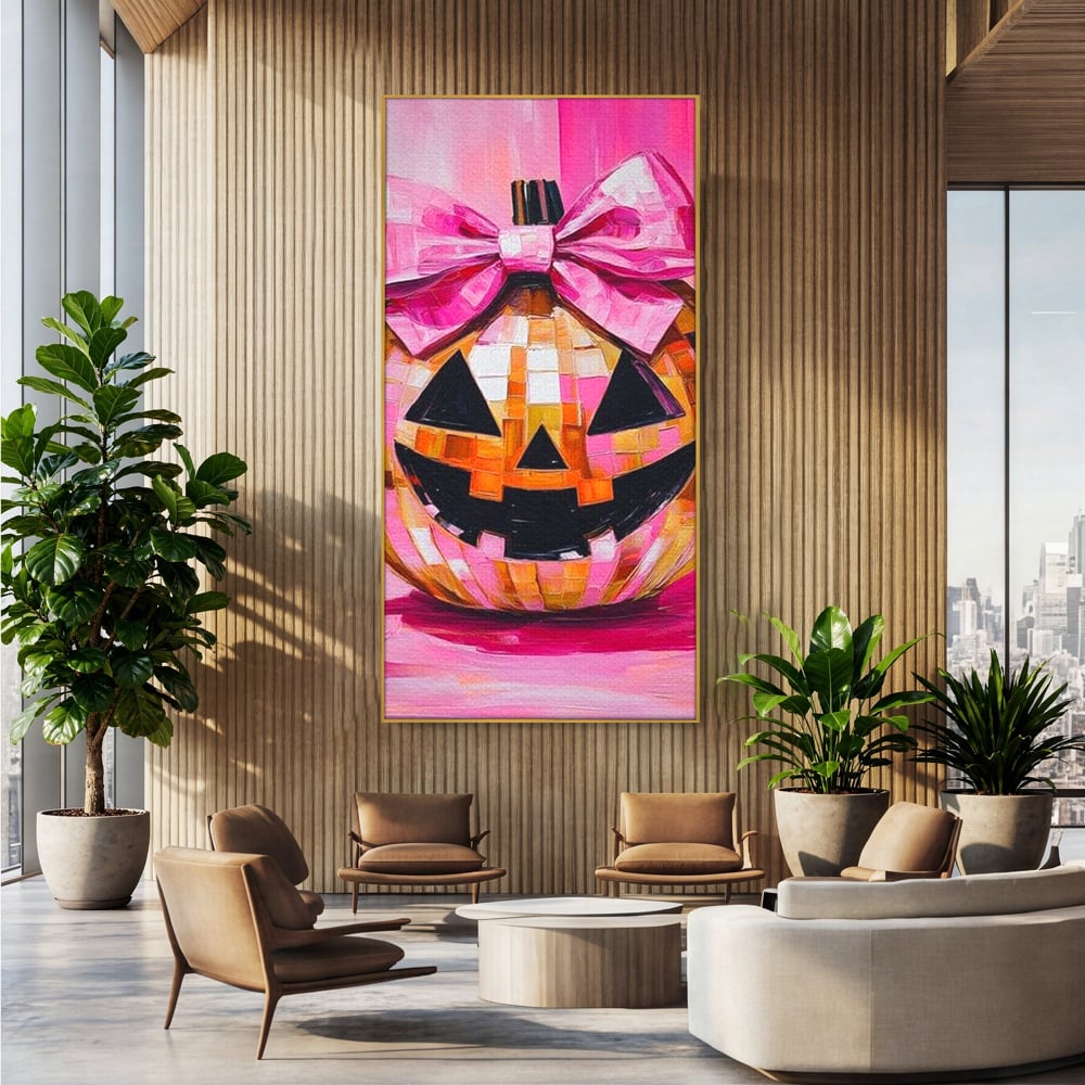 Leinwandbilder Premium, LuxCanva® N1189, Halloween Glam, Kürbis, Rosa, Schleife, Glitzern, Gruselig, Traditionell, Disco, Pub, Kneipe, Bar, Lounge, Restaurant, Küche