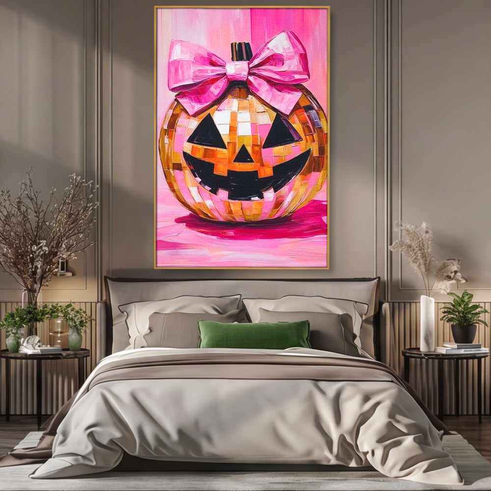 Leinwandbilder Premium, LuxCanva® N1189, Halloween Glam, Kürbis, Rosa, Schleife, Glitzern, Gruselig, Traditionell, Disco, Pub, Kneipe, Bar, Lounge, Restaurant, Küche