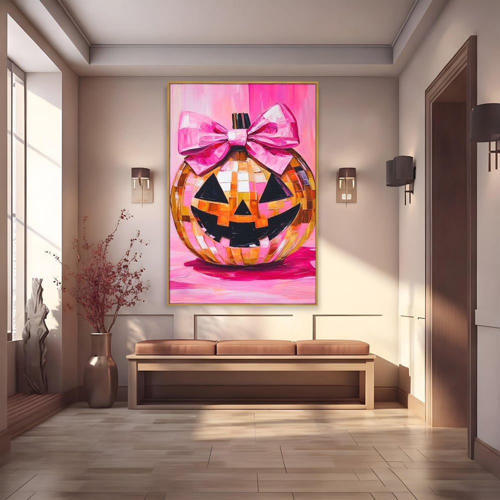 Leinwandbilder Premium, LuxCanva® N1189, Halloween Glam, Kürbis, Rosa, Schleife, Glitzern, Gruselig, Traditionell, Disco, Pub, Kneipe, Bar, Lounge, Restaurant, Küche