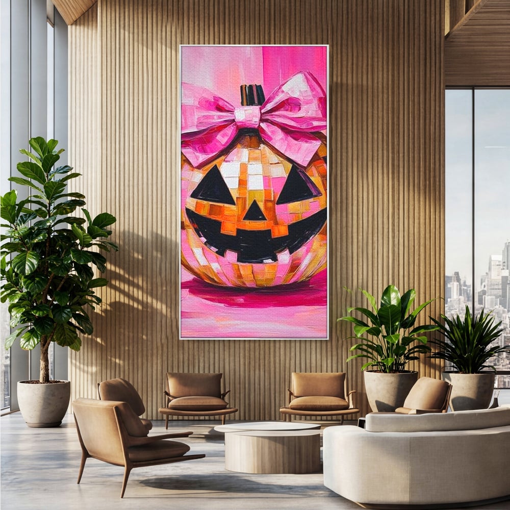 Leinwandbilder Premium, LuxCanva® N1189, Halloween Glam, Kürbis, Rosa, Schleife, Glitzern, Gruselig, Traditionell, Disco, Pub, Kneipe, Bar, Lounge, Restaurant, Küche