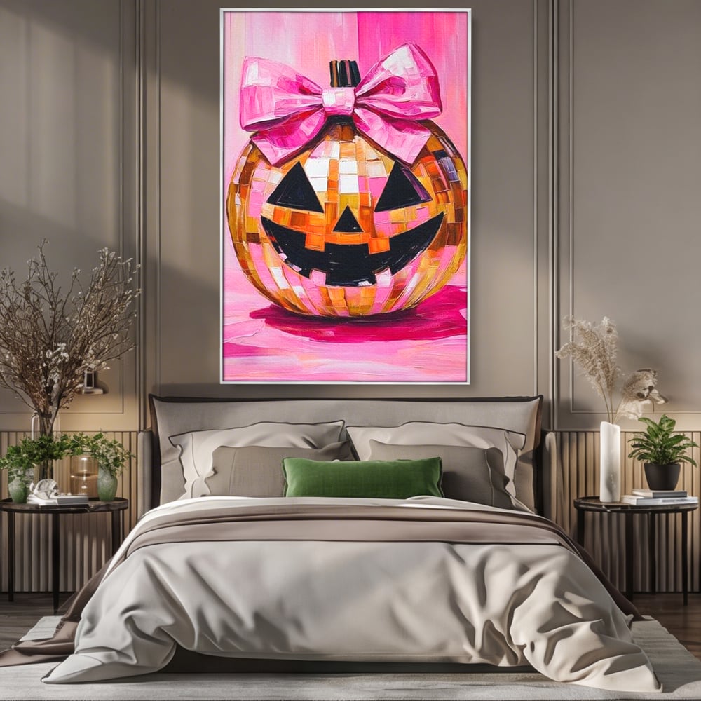 Leinwandbilder Premium, LuxCanva® N1189, Halloween Glam, Kürbis, Rosa, Schleife, Glitzern, Gruselig, Traditionell, Disco, Pub, Kneipe, Bar, Lounge, Restaurant, Küche