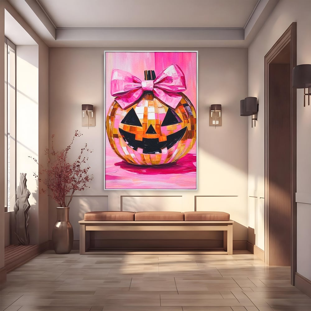 Leinwandbilder Premium, LuxCanva® N1189, Halloween Glam, Kürbis, Rosa, Schleife, Glitzern, Gruselig, Traditionell, Disco, Pub, Kneipe, Bar, Lounge, Restaurant, Küche