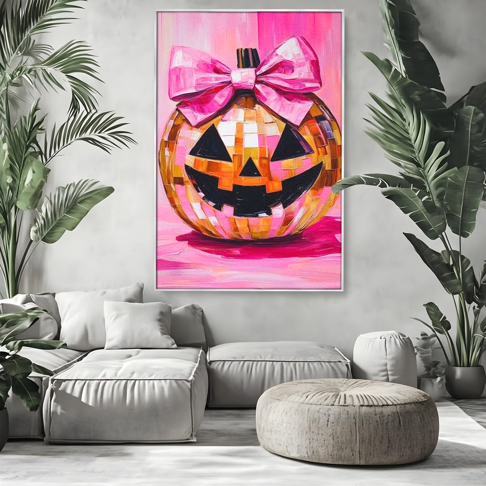 Leinwandbilder Premium, LuxCanva® N1189, Halloween Glam, Kürbis, Rosa, Schleife, Glitzern, Gruselig, Traditionell, Disco, Pub, Kneipe, Bar, Lounge, Restaurant, Küche