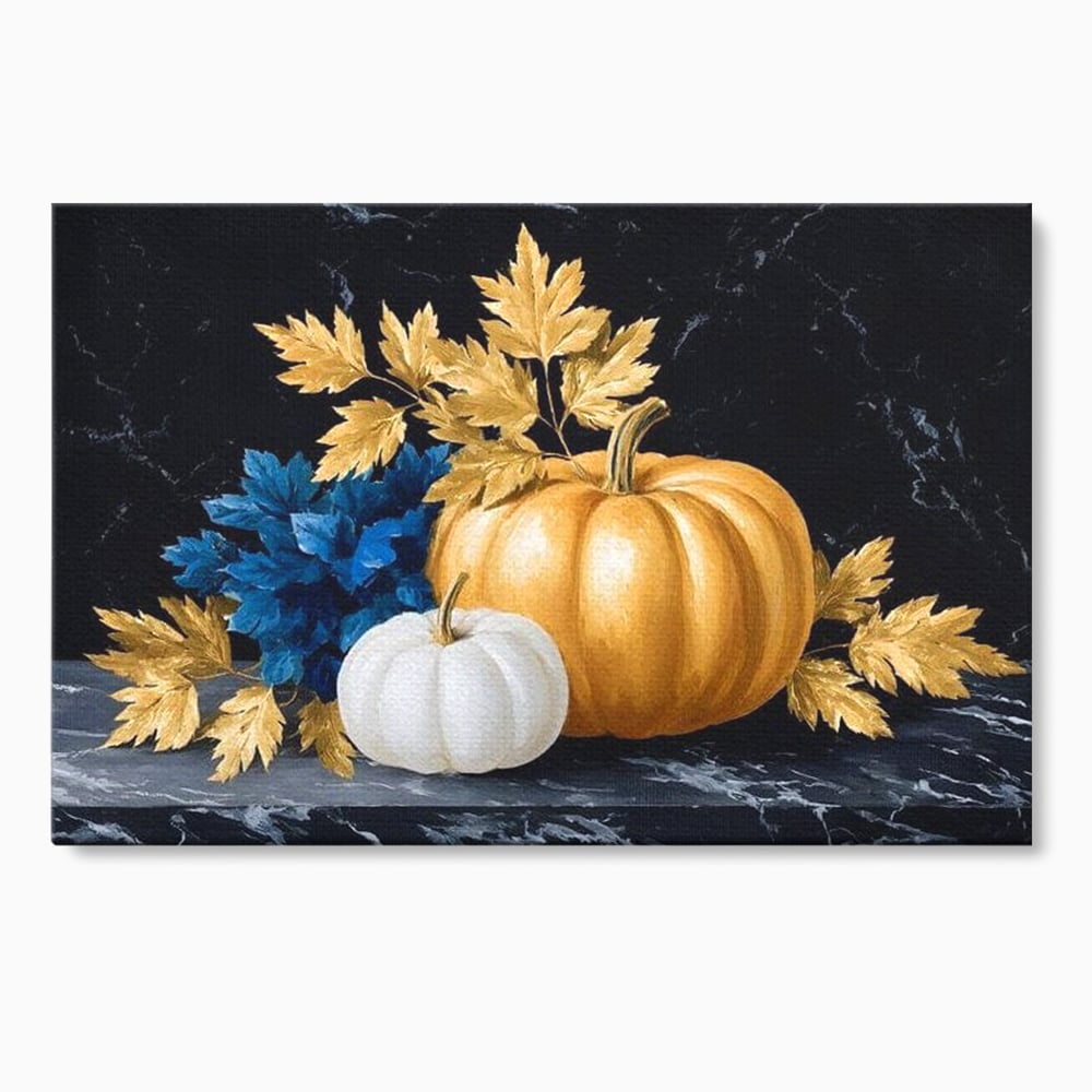 Leinwand Premium Canvas Wandbilder, LuxCanva® N1190, Saisonale Pracht, Halloween, Tradition, Elegant, Luxus, Marmor, Gold, Kürbisse, Kneipe, Bar, Lounge, Restaurant, Küche