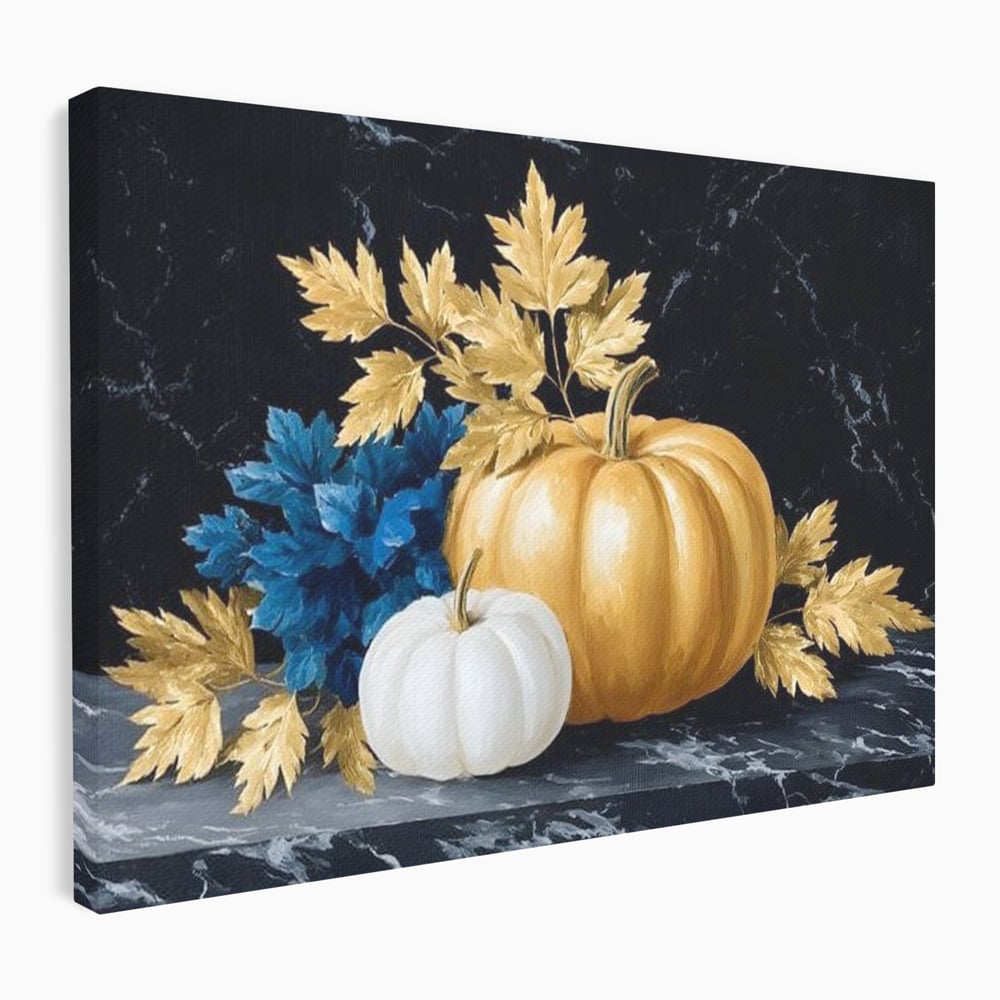 Leinwand Premium Canvas Wandbilder, LuxCanva® N1190, Saisonale Pracht, Halloween, Tradition, Elegant, Luxus, Marmor, Gold, Kürbisse, Kneipe, Bar, Lounge, Restaurant, Küche