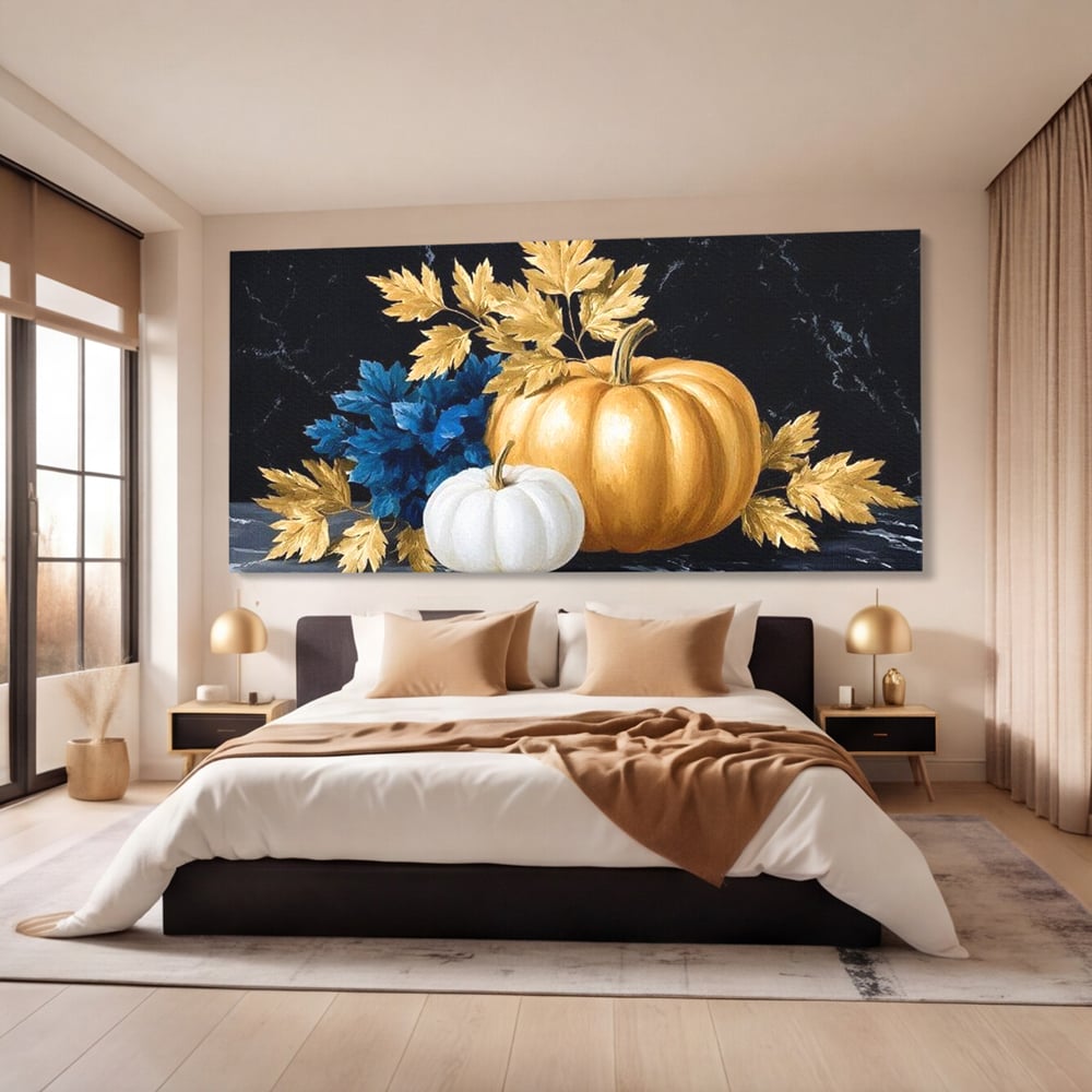 Leinwand Premium Canvas Wandbilder, LuxCanva® N1190, Saisonale Pracht, Halloween, Tradition, Elegant, Luxus, Marmor, Gold, Kürbisse, Kneipe, Bar, Lounge, Restaurant, Küche