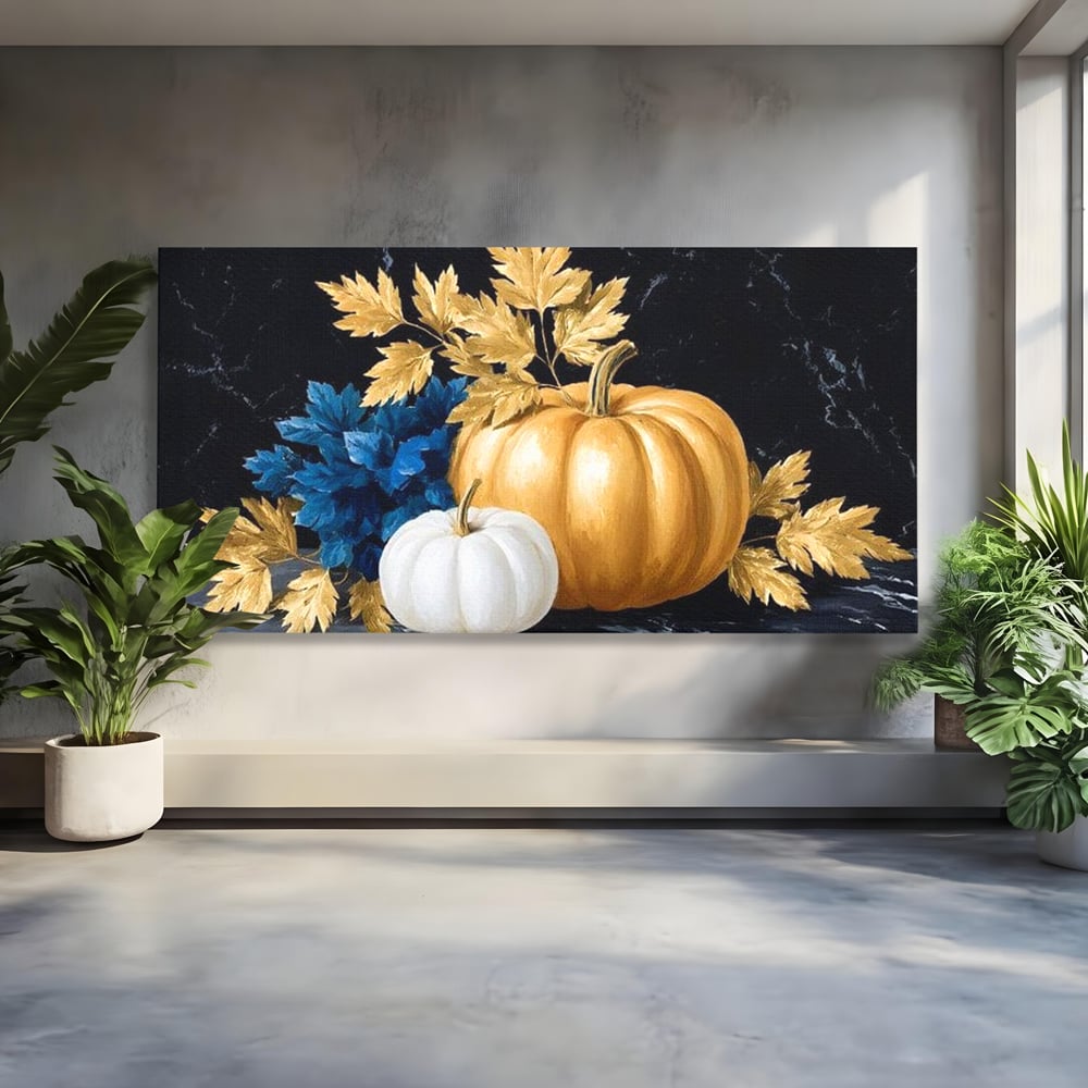 Leinwand Premium Canvas Wandbilder, LuxCanva® N1190, Saisonale Pracht, Halloween, Tradition, Elegant, Luxus, Marmor, Gold, Kürbisse, Kneipe, Bar, Lounge, Restaurant, Küche
