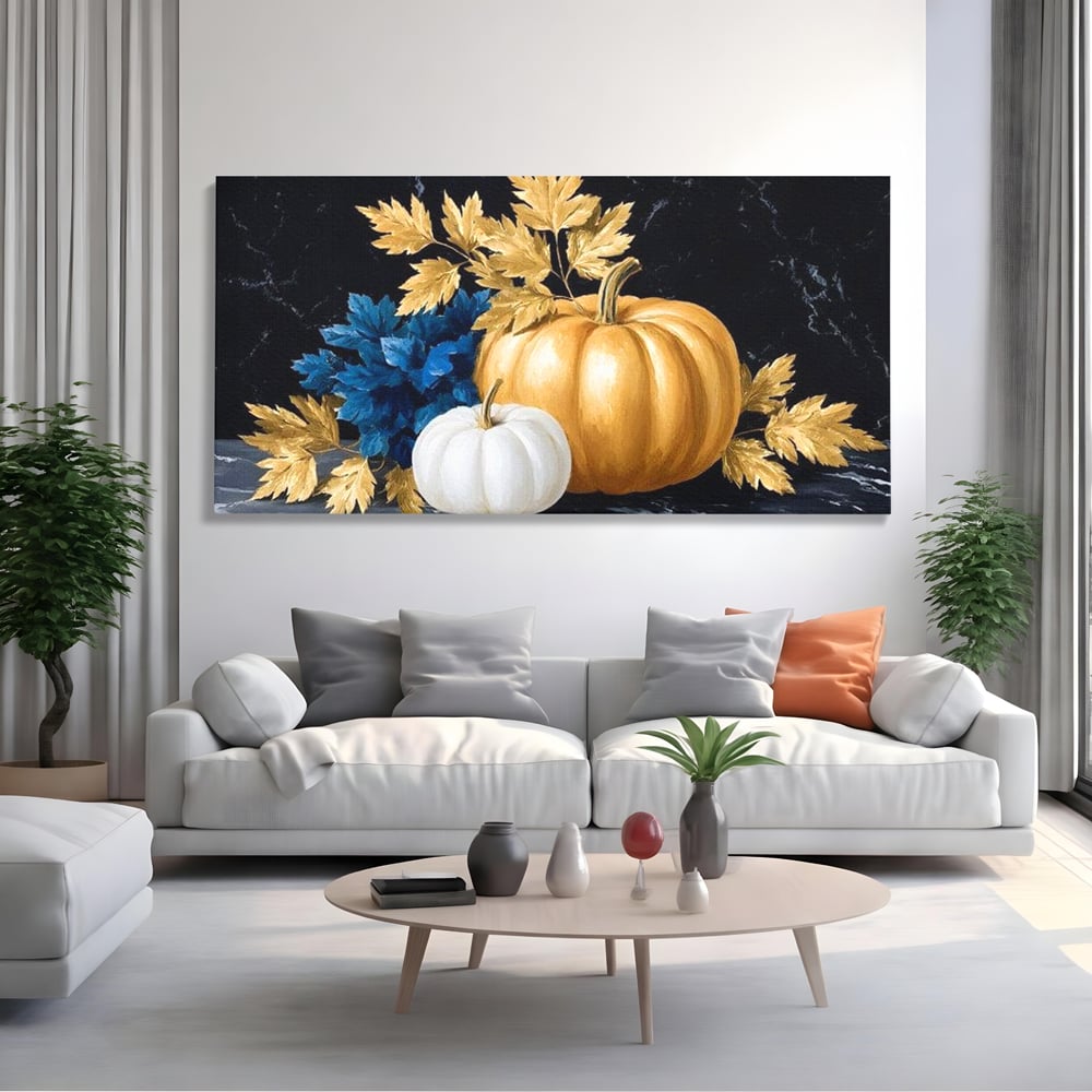 Leinwand Premium Canvas Wandbilder, LuxCanva® N1190, Saisonale Pracht, Halloween, Tradition, Elegant, Luxus, Marmor, Gold, Kürbisse, Kneipe, Bar, Lounge, Restaurant, Küche