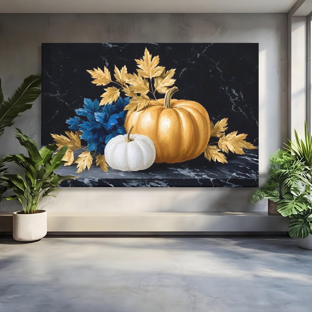 Leinwand Premium Canvas Wandbilder, LuxCanva® N1190, Saisonale Pracht, Halloween, Tradition, Elegant, Luxus, Marmor, Gold, Kürbisse, Kneipe, Bar, Lounge, Restaurant, Küche