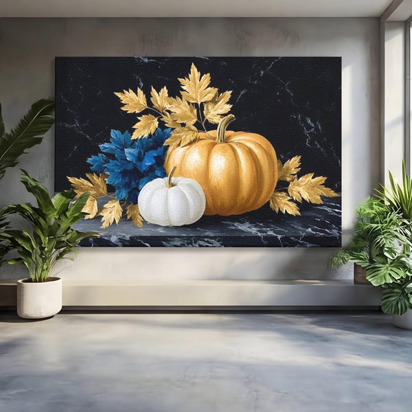 Leinwand Premium Canvas Wandbilder, LuxCanva® N1190, Saisonale Pracht, Halloween, Tradition, Elegant, Luxus, Marmor, Gold, Kürbisse, Kneipe, Bar, Lounge, Restaurant, Küche