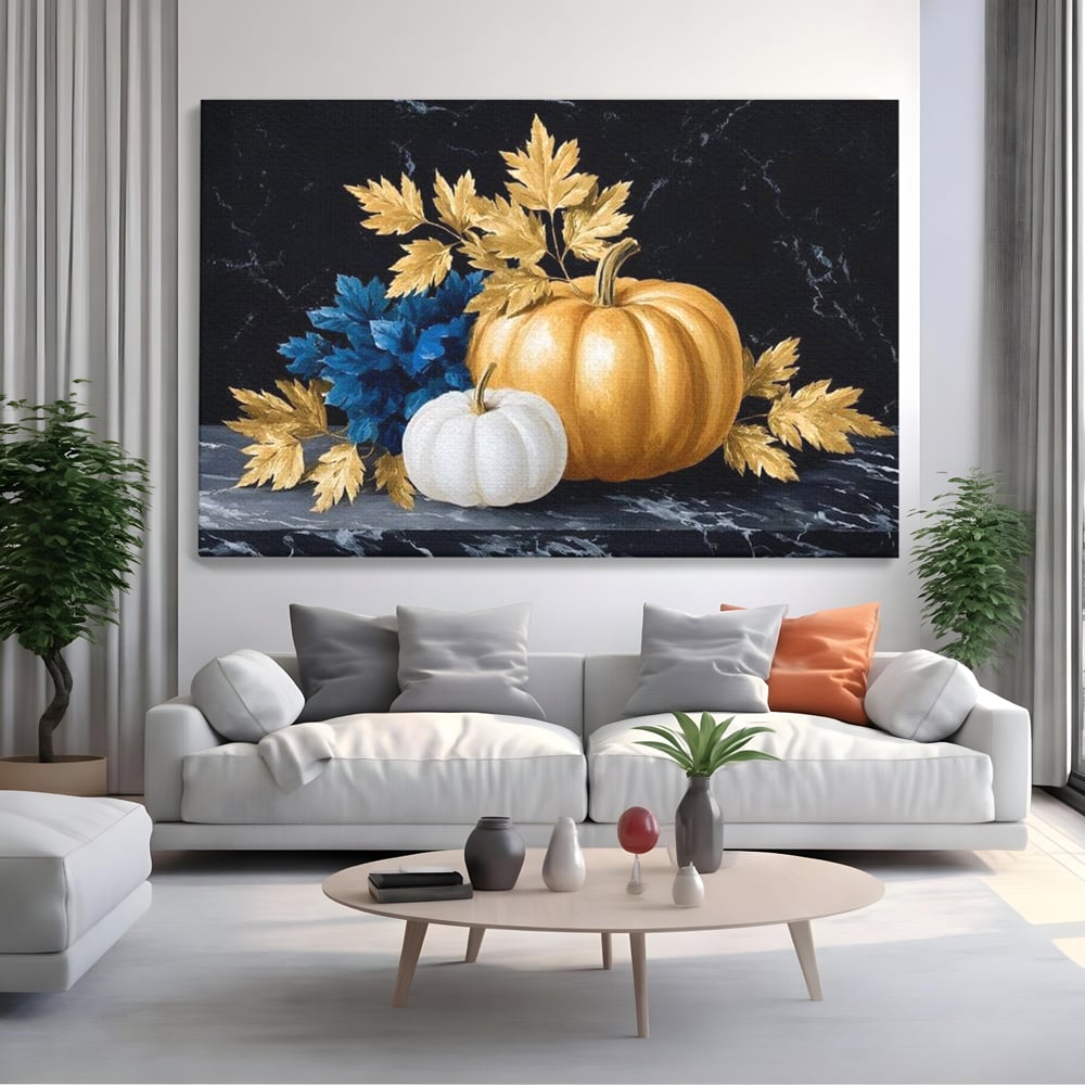 Leinwand Premium Canvas Wandbilder, LuxCanva® N1190, Saisonale Pracht, Halloween, Tradition, Elegant, Luxus, Marmor, Gold, Kürbisse, Kneipe, Bar, Lounge, Restaurant, Küche