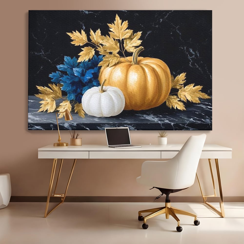 Leinwand Premium Canvas Wandbilder, LuxCanva® N1190, Saisonale Pracht, Halloween, Tradition, Elegant, Luxus, Marmor, Gold, Kürbisse, Kneipe, Bar, Lounge, Restaurant, Küche