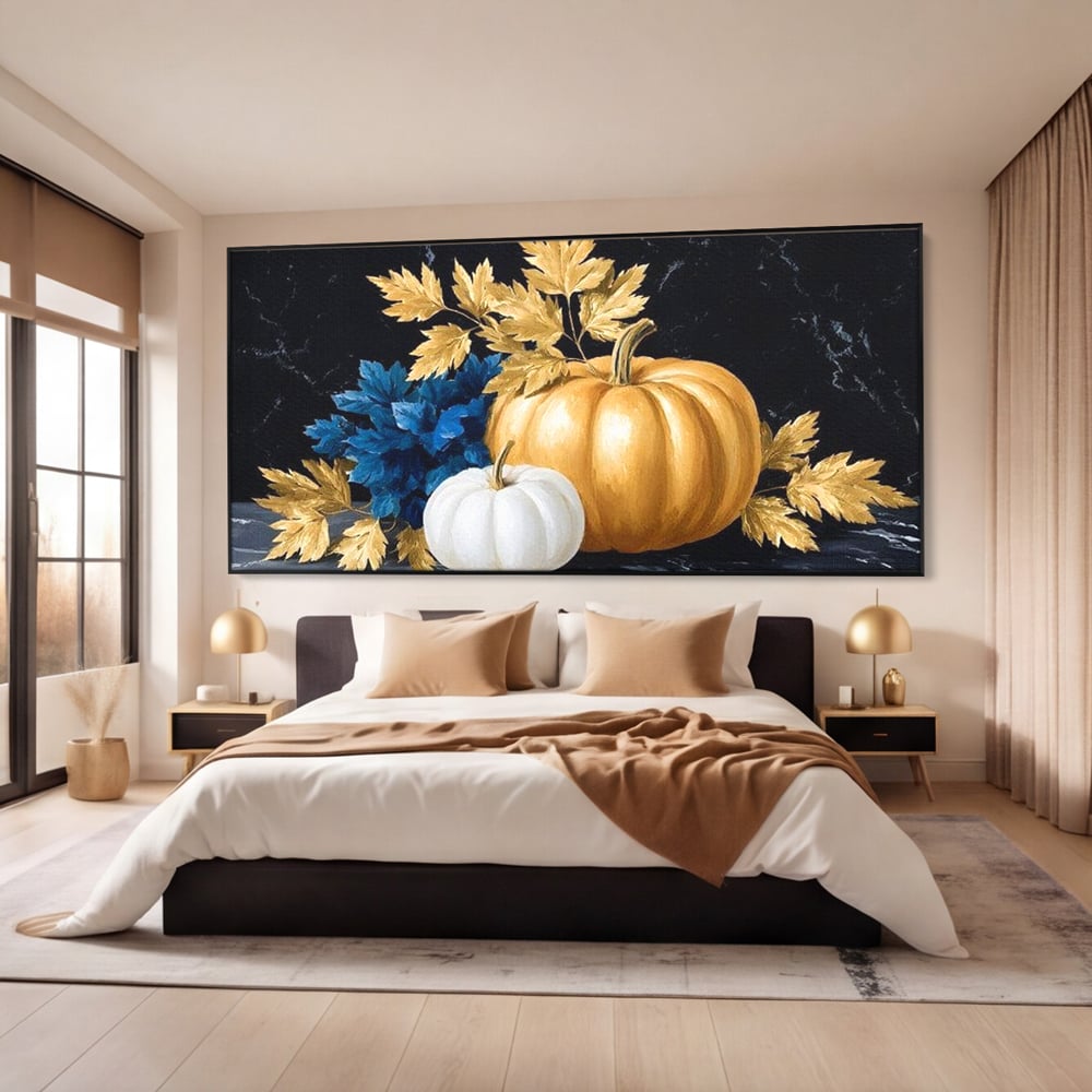 Leinwand Premium Canvas Wandbilder, LuxCanva® N1190, Saisonale Pracht, Halloween, Tradition, Elegant, Luxus, Marmor, Gold, Kürbisse, Kneipe, Bar, Lounge, Restaurant, Küche