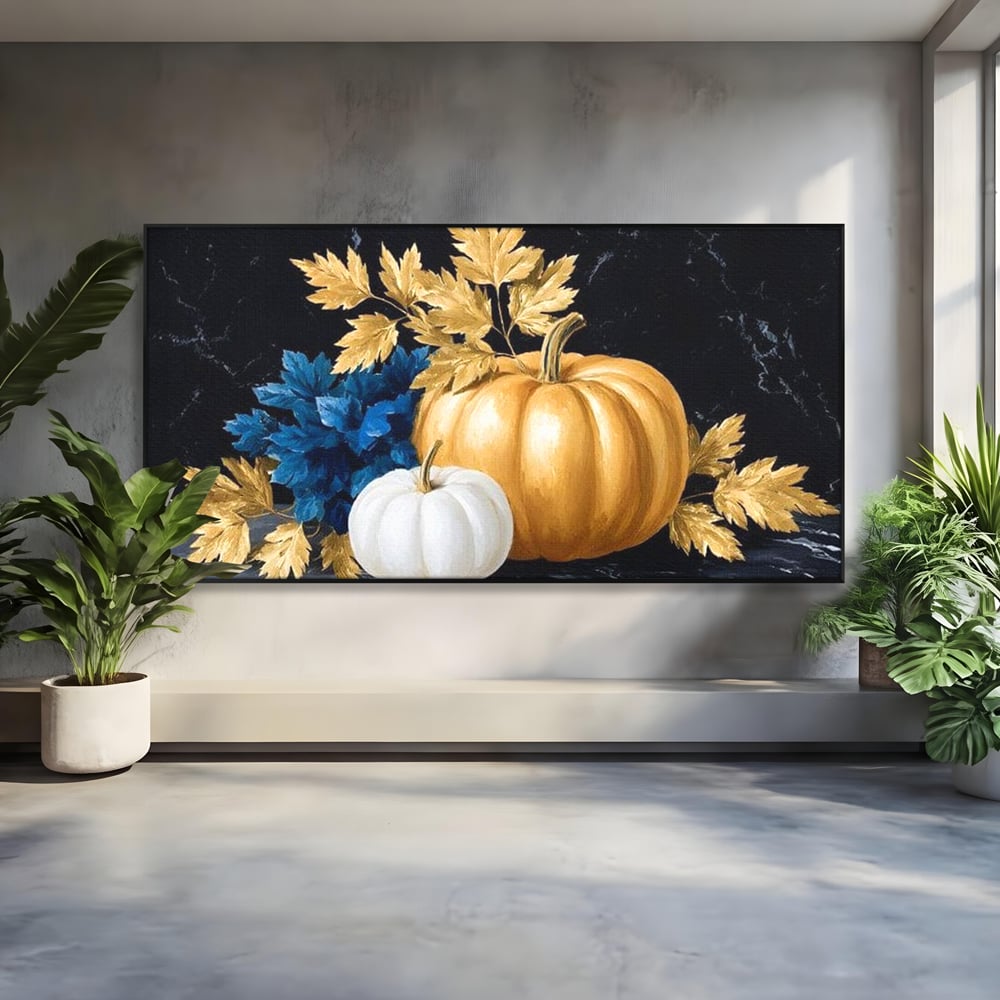 Leinwand Premium Canvas Wandbilder, LuxCanva® N1190, Saisonale Pracht, Halloween, Tradition, Elegant, Luxus, Marmor, Gold, Kürbisse, Kneipe, Bar, Lounge, Restaurant, Küche