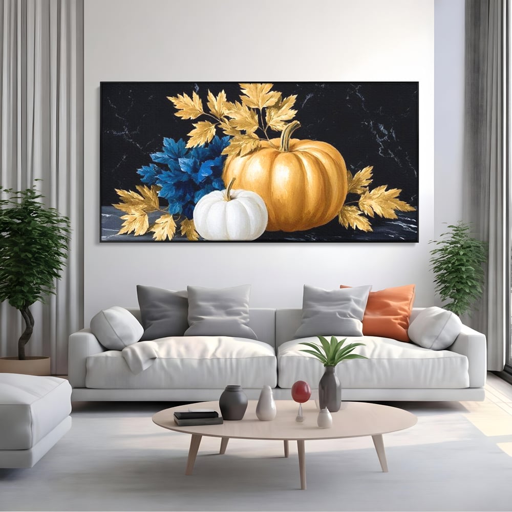 Leinwand Premium Canvas Wandbilder, LuxCanva® N1190, Saisonale Pracht, Halloween, Tradition, Elegant, Luxus, Marmor, Gold, Kürbisse, Kneipe, Bar, Lounge, Restaurant, Küche