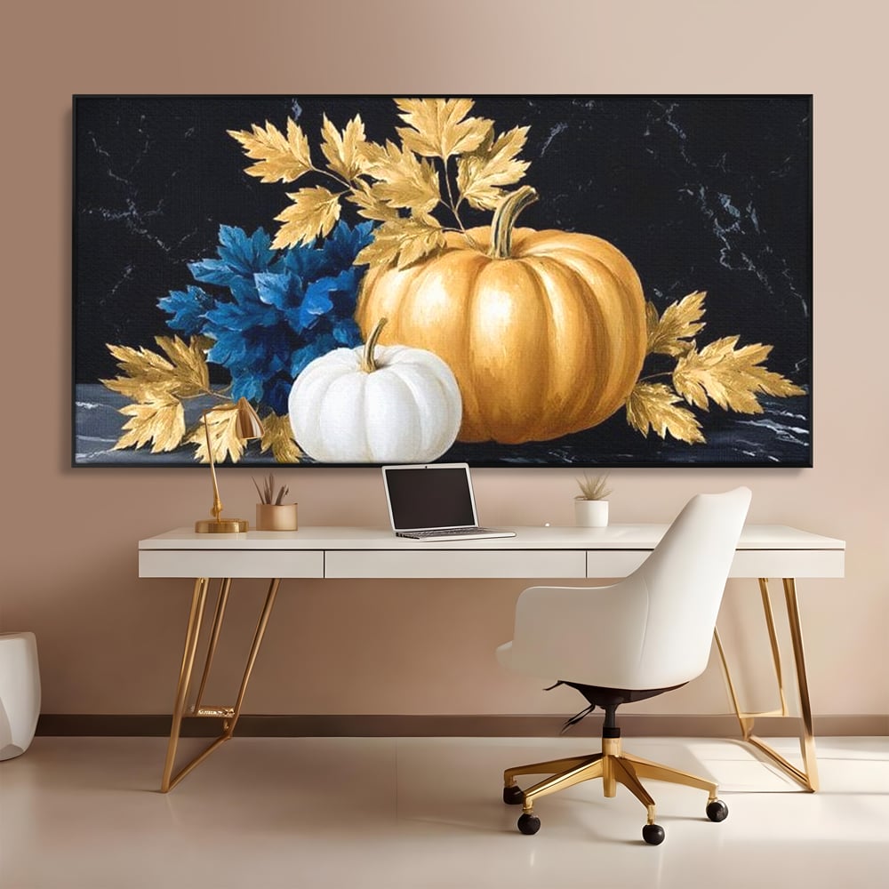 Leinwand Premium Canvas Wandbilder, LuxCanva® N1190, Saisonale Pracht, Halloween, Tradition, Elegant, Luxus, Marmor, Gold, Kürbisse, Kneipe, Bar, Lounge, Restaurant, Küche