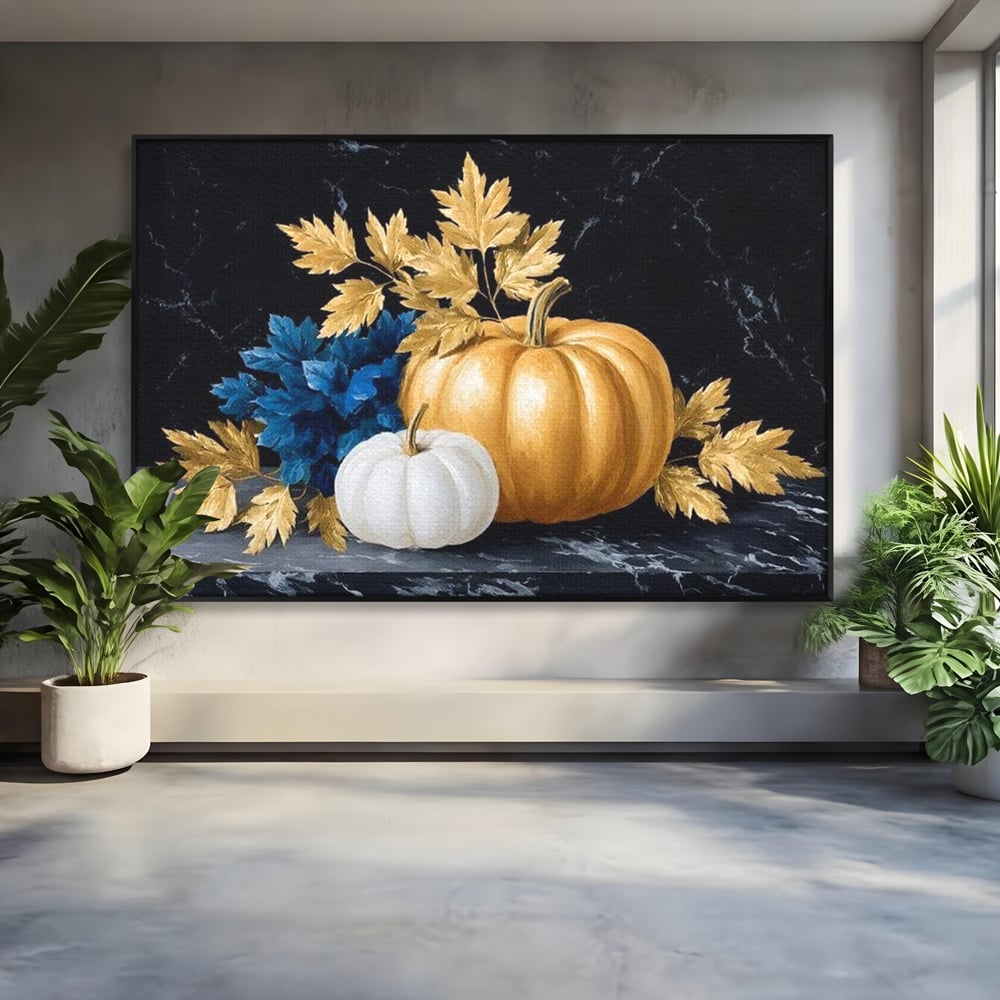 Leinwand Premium Canvas Wandbilder, LuxCanva® N1190, Saisonale Pracht, Halloween, Tradition, Elegant, Luxus, Marmor, Gold, Kürbisse, Kneipe, Bar, Lounge, Restaurant, Küche