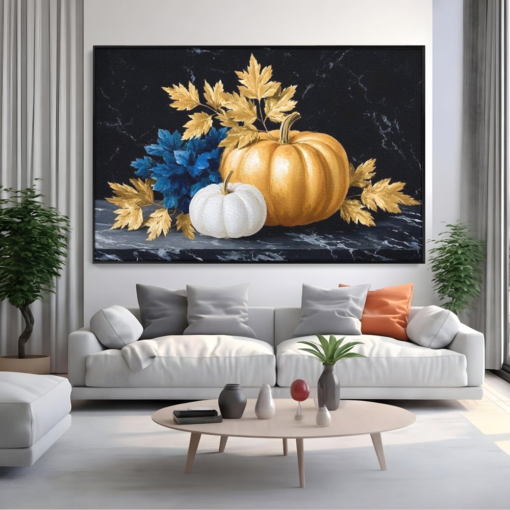 Leinwand Premium Canvas Wandbilder, LuxCanva® N1190, Saisonale Pracht, Halloween, Tradition, Elegant, Luxus, Marmor, Gold, Kürbisse, Kneipe, Bar, Lounge, Restaurant, Küche