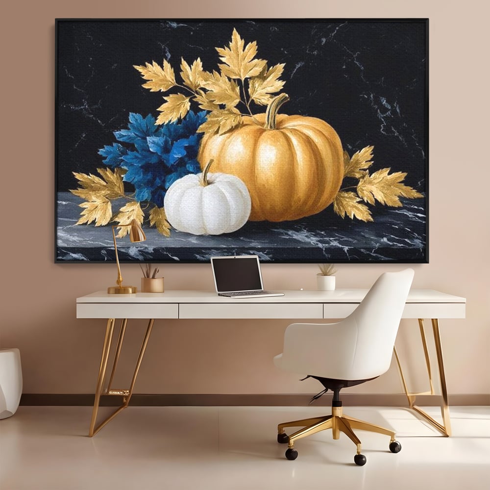Leinwand Premium Canvas Wandbilder, LuxCanva® N1190, Saisonale Pracht, Halloween, Tradition, Elegant, Luxus, Marmor, Gold, Kürbisse, Kneipe, Bar, Lounge, Restaurant, Küche