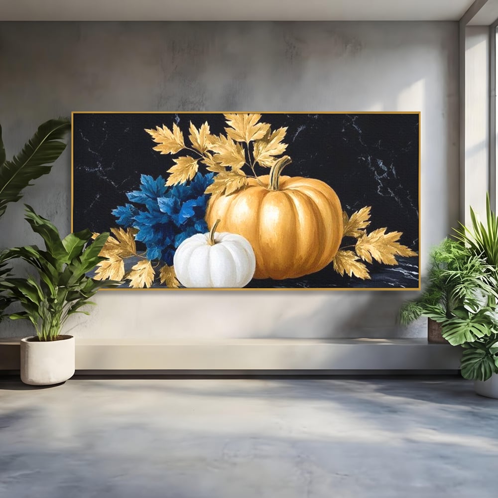 Leinwand Premium Canvas Wandbilder, LuxCanva® N1190, Saisonale Pracht, Halloween, Tradition, Elegant, Luxus, Marmor, Gold, Kürbisse, Kneipe, Bar, Lounge, Restaurant, Küche