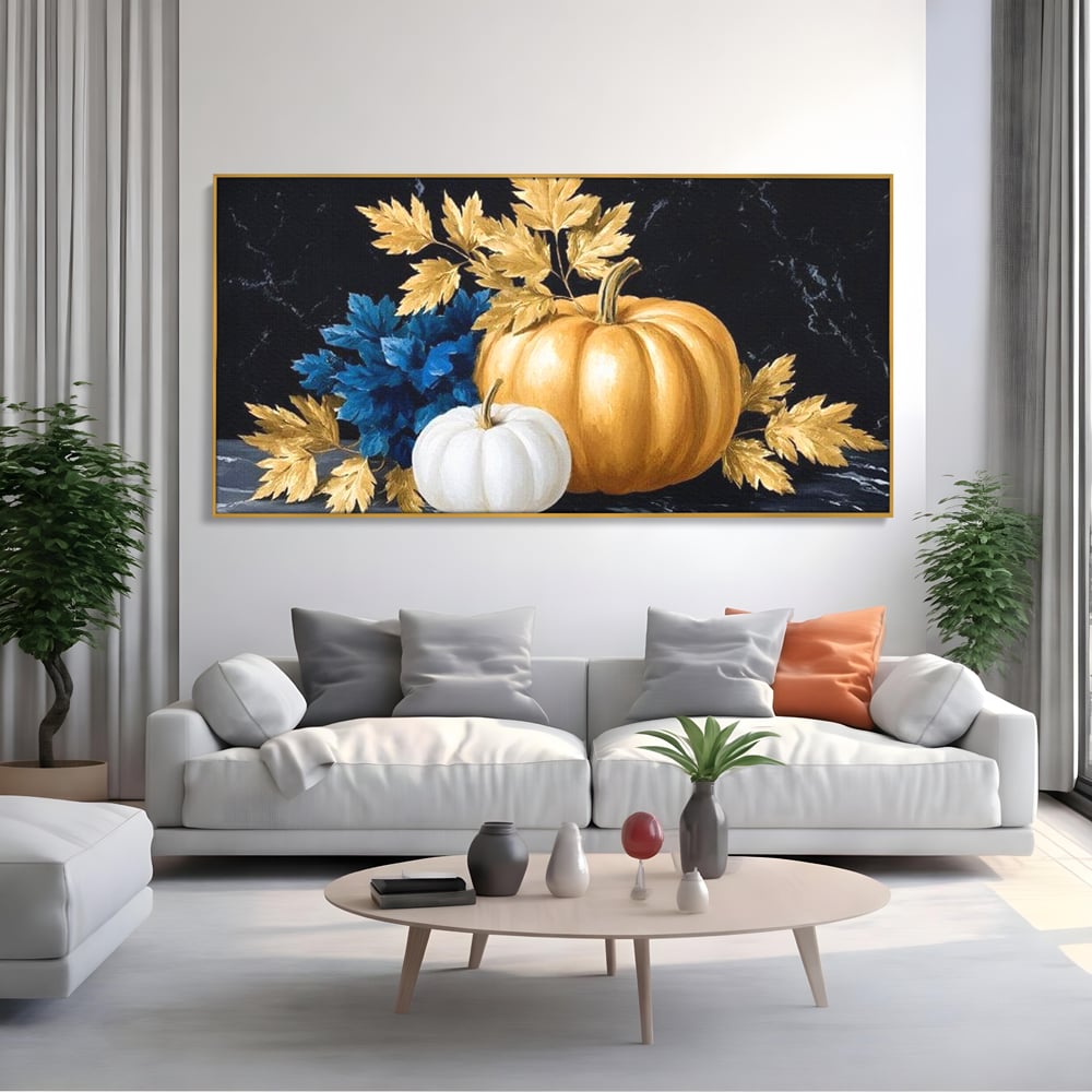 Leinwand Premium Canvas Wandbilder, LuxCanva® N1190, Saisonale Pracht, Halloween, Tradition, Elegant, Luxus, Marmor, Gold, Kürbisse, Kneipe, Bar, Lounge, Restaurant, Küche