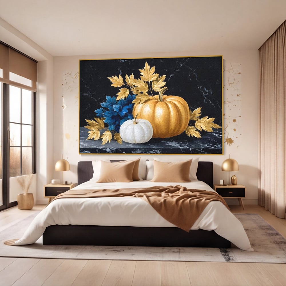 Leinwand Premium Canvas Wandbilder, LuxCanva® N1190, Saisonale Pracht, Halloween, Tradition, Elegant, Luxus, Marmor, Gold, Kürbisse, Kneipe, Bar, Lounge, Restaurant, Küche