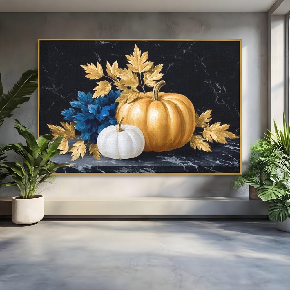 Leinwand Premium Canvas Wandbilder, LuxCanva® N1190, Saisonale Pracht, Halloween, Tradition, Elegant, Luxus, Marmor, Gold, Kürbisse, Kneipe, Bar, Lounge, Restaurant, Küche