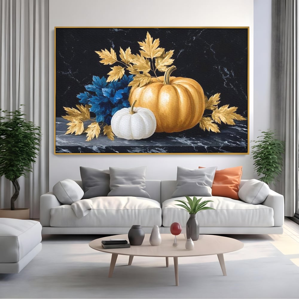 Leinwand Premium Canvas Wandbilder, LuxCanva® N1190, Saisonale Pracht, Halloween, Tradition, Elegant, Luxus, Marmor, Gold, Kürbisse, Kneipe, Bar, Lounge, Restaurant, Küche