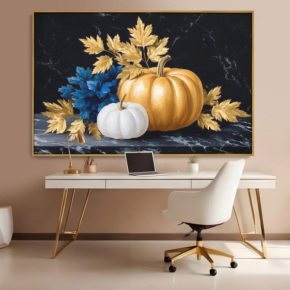 Leinwand Premium Canvas Wandbilder, LuxCanva® N1190, Saisonale Pracht, Halloween, Tradition, Elegant, Luxus, Marmor, Gold, Kürbisse, Kneipe, Bar, Lounge, Restaurant, Küche