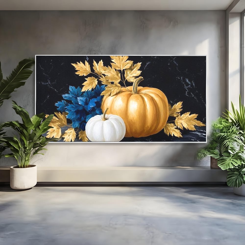 Leinwand Premium Canvas Wandbilder, LuxCanva® N1190, Saisonale Pracht, Halloween, Tradition, Elegant, Luxus, Marmor, Gold, Kürbisse, Kneipe, Bar, Lounge, Restaurant, Küche