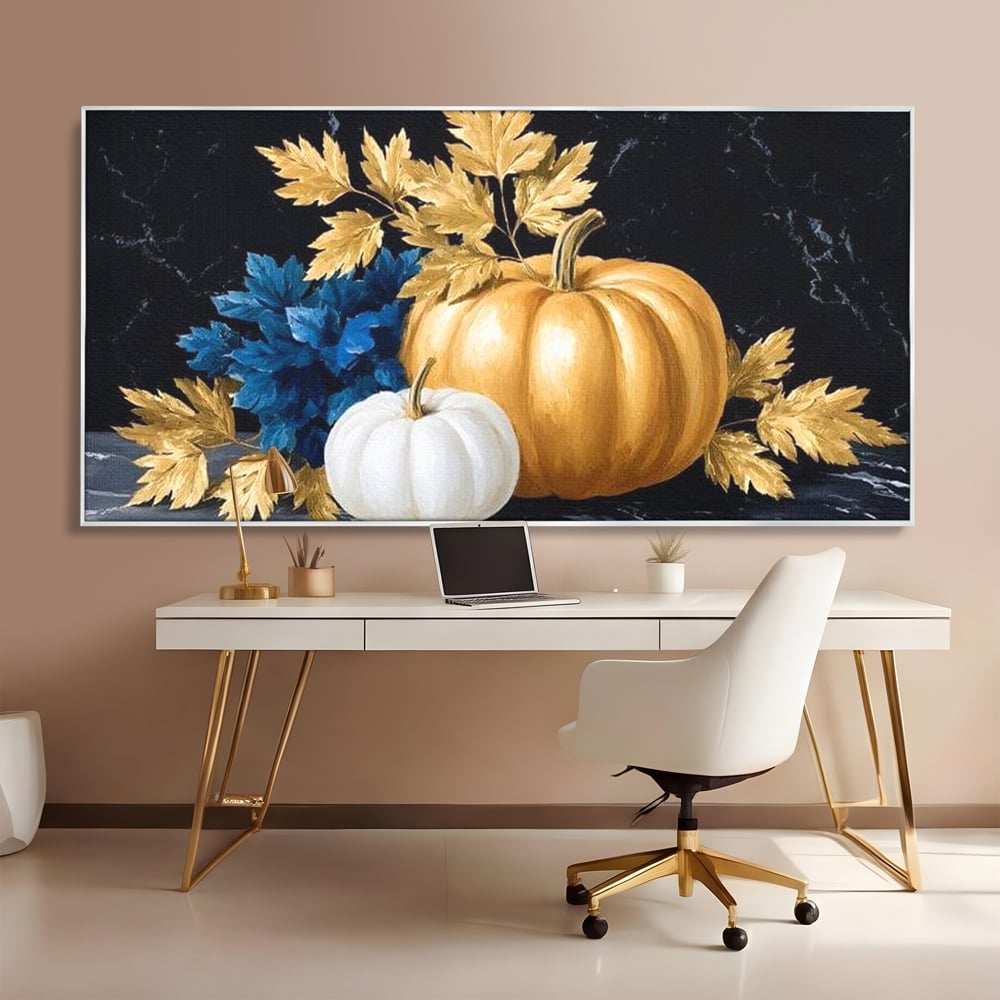 Leinwand Premium Canvas Wandbilder, LuxCanva® N1190, Saisonale Pracht, Halloween, Tradition, Elegant, Luxus, Marmor, Gold, Kürbisse, Kneipe, Bar, Lounge, Restaurant, Küche
