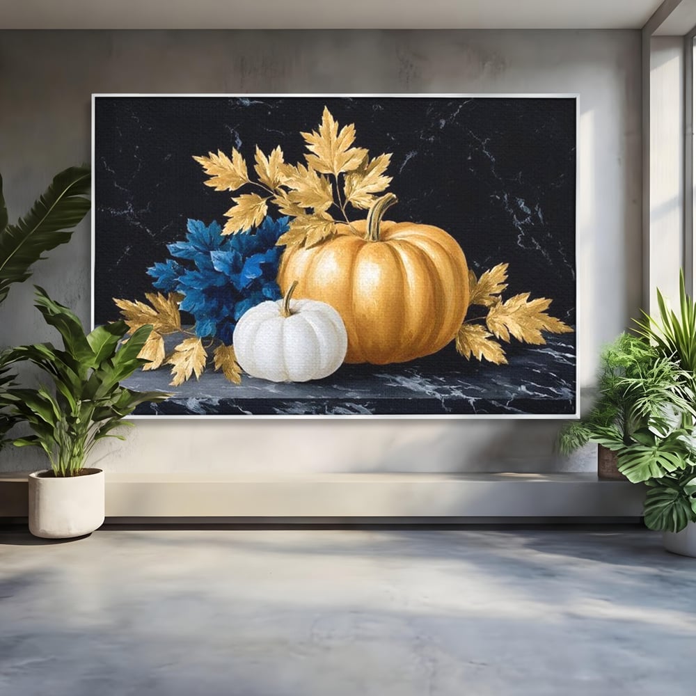 Leinwand Premium Canvas Wandbilder, LuxCanva® N1190, Saisonale Pracht, Halloween, Tradition, Elegant, Luxus, Marmor, Gold, Kürbisse, Kneipe, Bar, Lounge, Restaurant, Küche