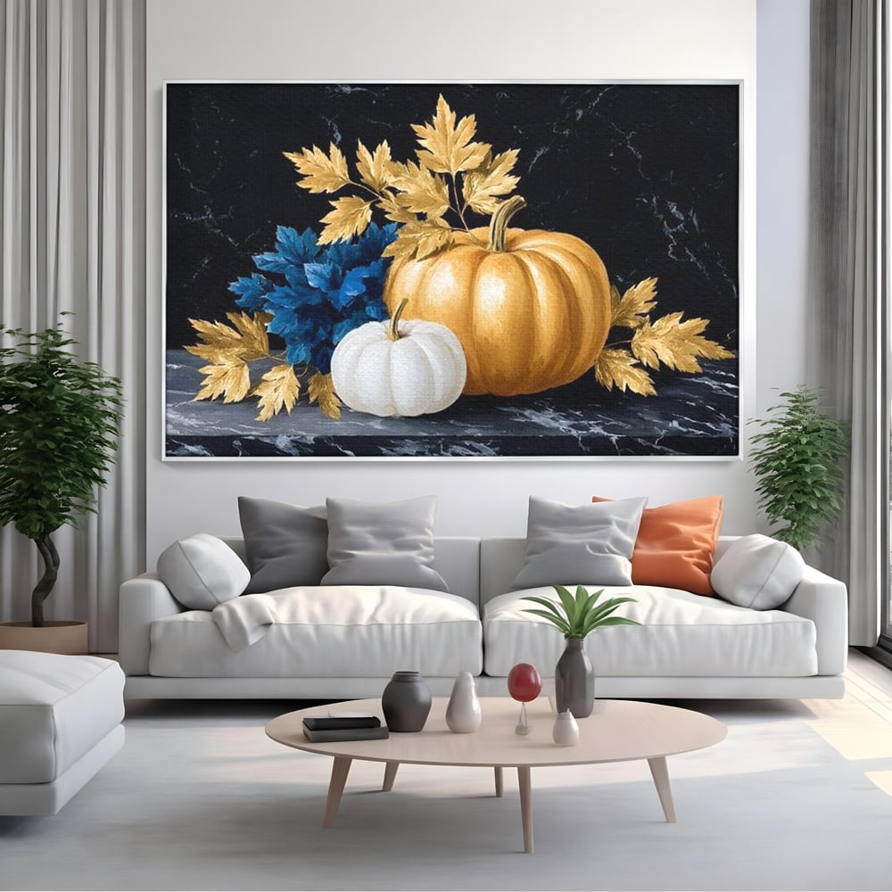 Leinwand Premium Canvas Wandbilder, LuxCanva® N1190, Saisonale Pracht, Halloween, Tradition, Elegant, Luxus, Marmor, Gold, Kürbisse, Kneipe, Bar, Lounge, Restaurant, Küche