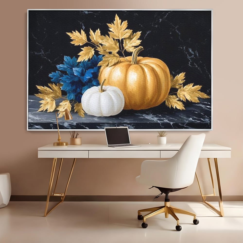 Leinwand Premium Canvas Wandbilder, LuxCanva® N1190, Saisonale Pracht, Halloween, Tradition, Elegant, Luxus, Marmor, Gold, Kürbisse, Kneipe, Bar, Lounge, Restaurant, Küche