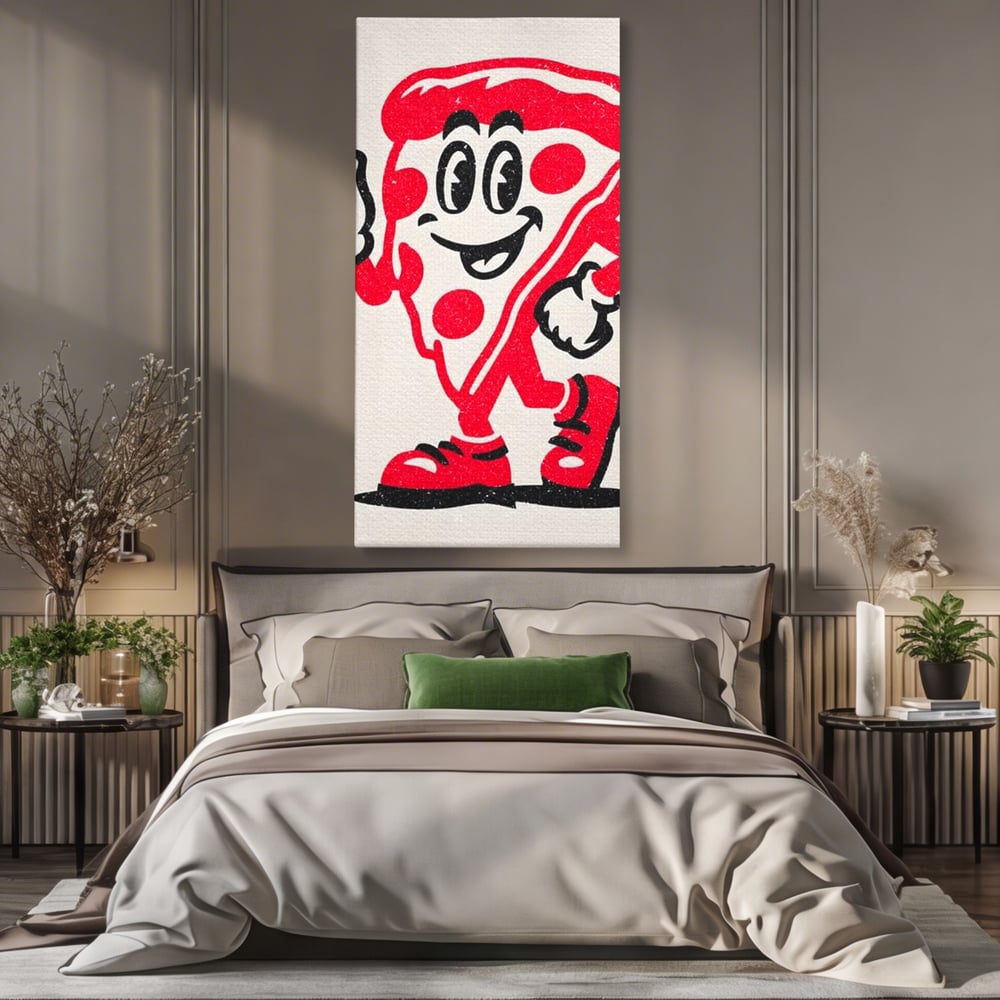 Tablou Canvas Premium, LuxCanva® N1191, Pizza Party, Felie, Veselie, Personaj, Mascota, Cool, Amuzant, Mancare, Fast Food, Pizzerie, Restaurant, Bucatarie