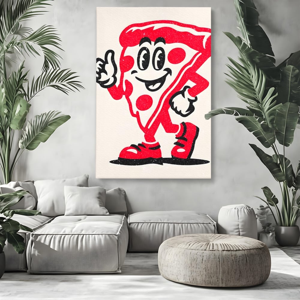 Tablou Canvas Premium, LuxCanva® N1191, Pizza Party, Felie, Veselie, Personaj, Mascota, Cool, Amuzant, Mancare, Fast Food, Pizzerie, Restaurant, Bucatarie