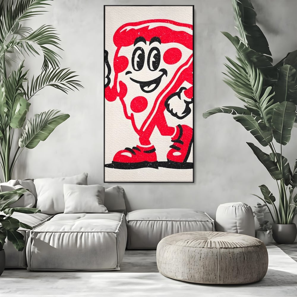 Tablou Canvas Premium, LuxCanva® N1191, Pizza Party, Felie, Veselie, Personaj, Mascota, Cool, Amuzant, Mancare, Fast Food, Pizzerie, Restaurant, Bucatarie