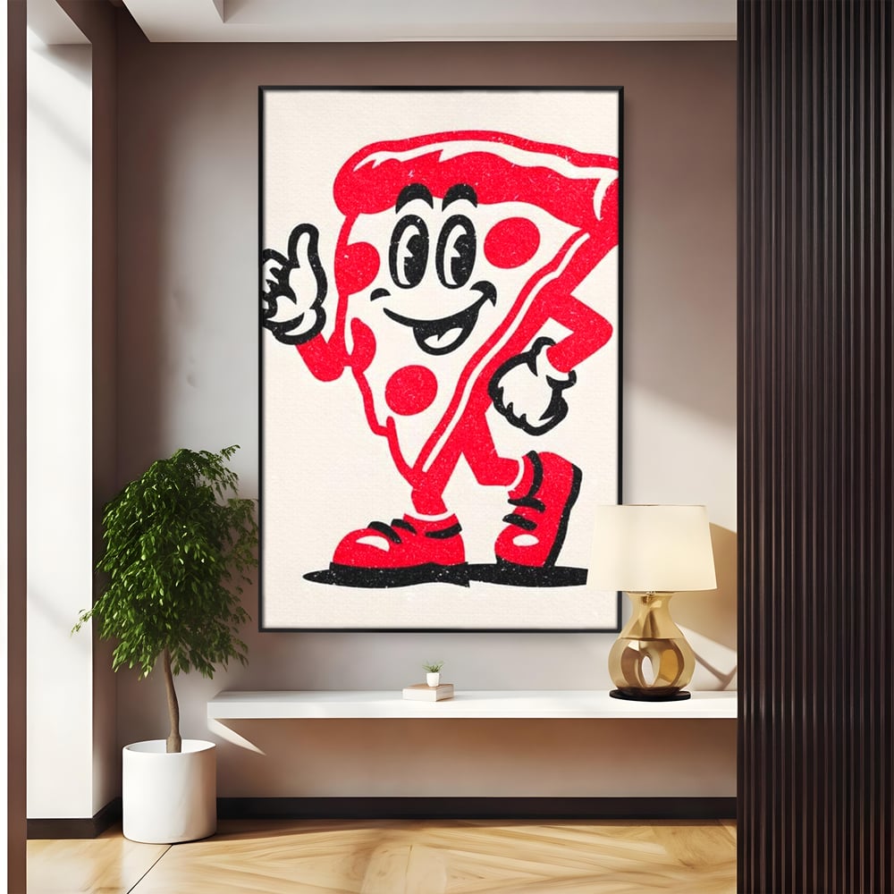 Tablou Canvas Premium, LuxCanva® N1191, Pizza Party, Felie, Veselie, Personaj, Mascota, Cool, Amuzant, Mancare, Fast Food, Pizzerie, Restaurant, Bucatarie