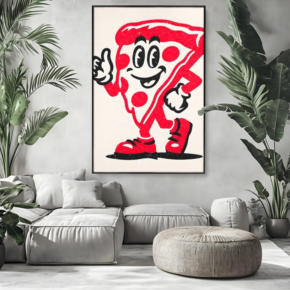 Tablou Canvas Premium, LuxCanva® N1191, Pizza Party, Felie, Veselie, Personaj, Mascota, Cool, Amuzant, Mancare, Fast Food, Pizzerie, Restaurant, Bucatarie