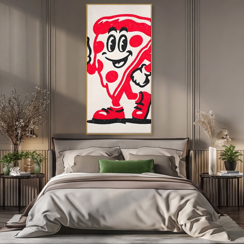 Tablou Canvas Premium, LuxCanva® N1191, Pizza Party, Felie, Veselie, Personaj, Mascota, Cool, Amuzant, Mancare, Fast Food, Pizzerie, Restaurant, Bucatarie