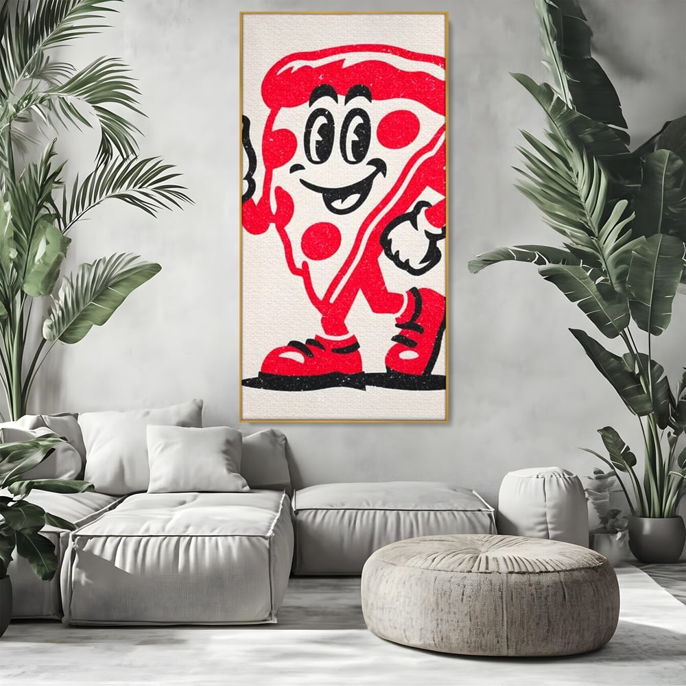 Tablou Canvas Premium, LuxCanva® N1191, Pizza Party, Felie, Veselie, Personaj, Mascota, Cool, Amuzant, Mancare, Fast Food, Pizzerie, Restaurant, Bucatarie