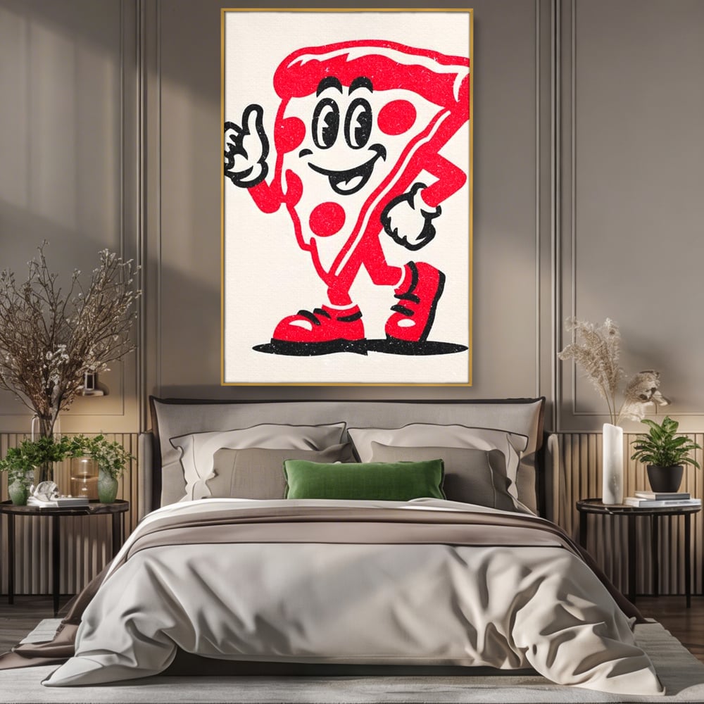 Tablou Canvas Premium, LuxCanva® N1191, Pizza Party, Felie, Veselie, Personaj, Mascota, Cool, Amuzant, Mancare, Fast Food, Pizzerie, Restaurant, Bucatarie