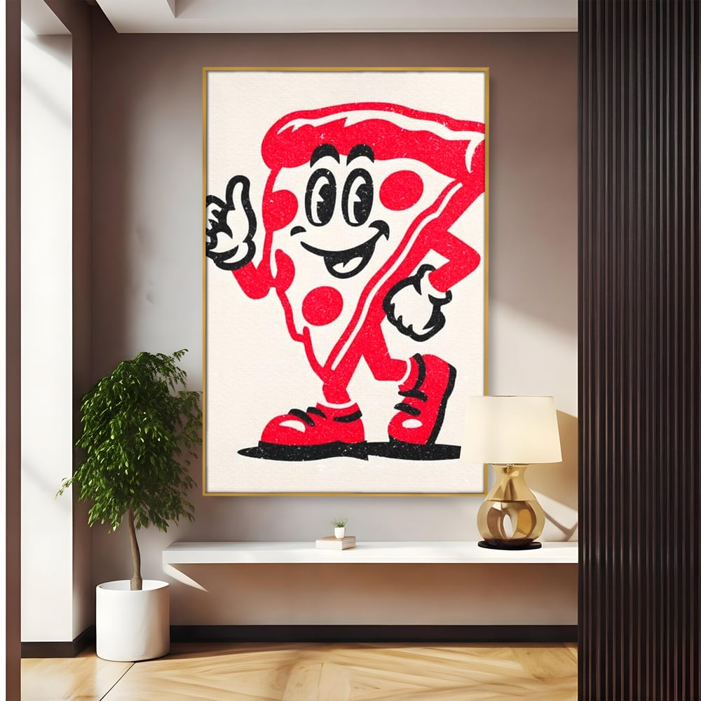 Tablou Canvas Premium, LuxCanva® N1191, Pizza Party, Felie, Veselie, Personaj, Mascota, Cool, Amuzant, Mancare, Fast Food, Pizzerie, Restaurant, Bucatarie