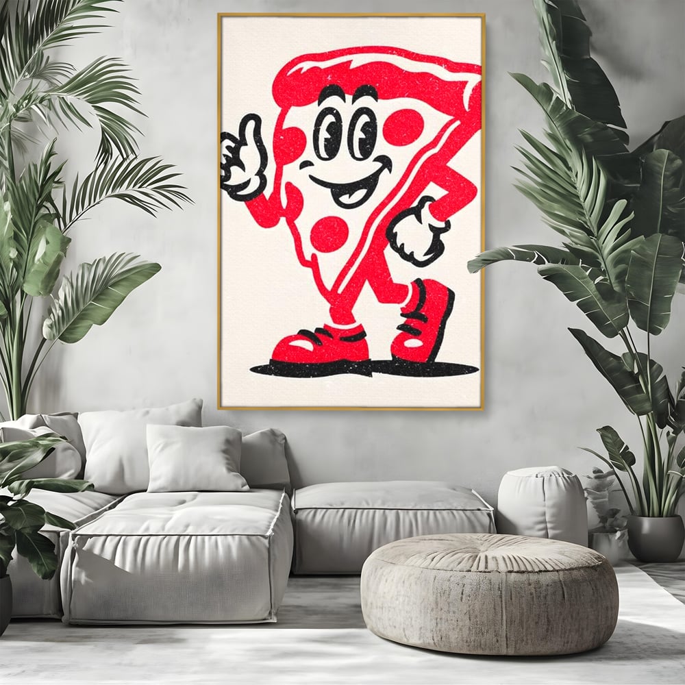 Tablou Canvas Premium, LuxCanva® N1191, Pizza Party, Felie, Veselie, Personaj, Mascota, Cool, Amuzant, Mancare, Fast Food, Pizzerie, Restaurant, Bucatarie