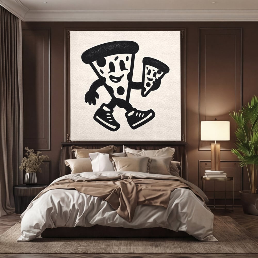 Tablou Canvas Premium, LuxCanva® N1192, Pizza Friends, Fast Food, Mancare, Felie, Desen, Pizzerie, Retro, Cool, Mascota, Haios, Restaurant, Bucatarie