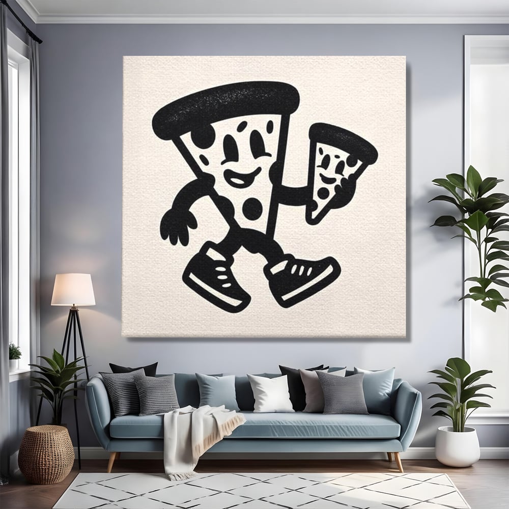 Tablou Canvas Premium, LuxCanva® N1192, Pizza Friends, Fast Food, Mancare, Felie, Desen, Pizzerie, Retro, Cool, Mascota, Haios, Restaurant, Bucatarie