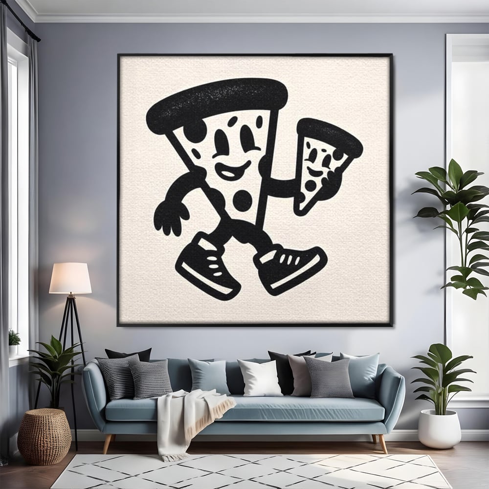 Tablou Canvas Premium, LuxCanva® N1192, Pizza Friends, Fast Food, Mancare, Felie, Desen, Pizzerie, Retro, Cool, Mascota, Haios, Restaurant, Bucatarie